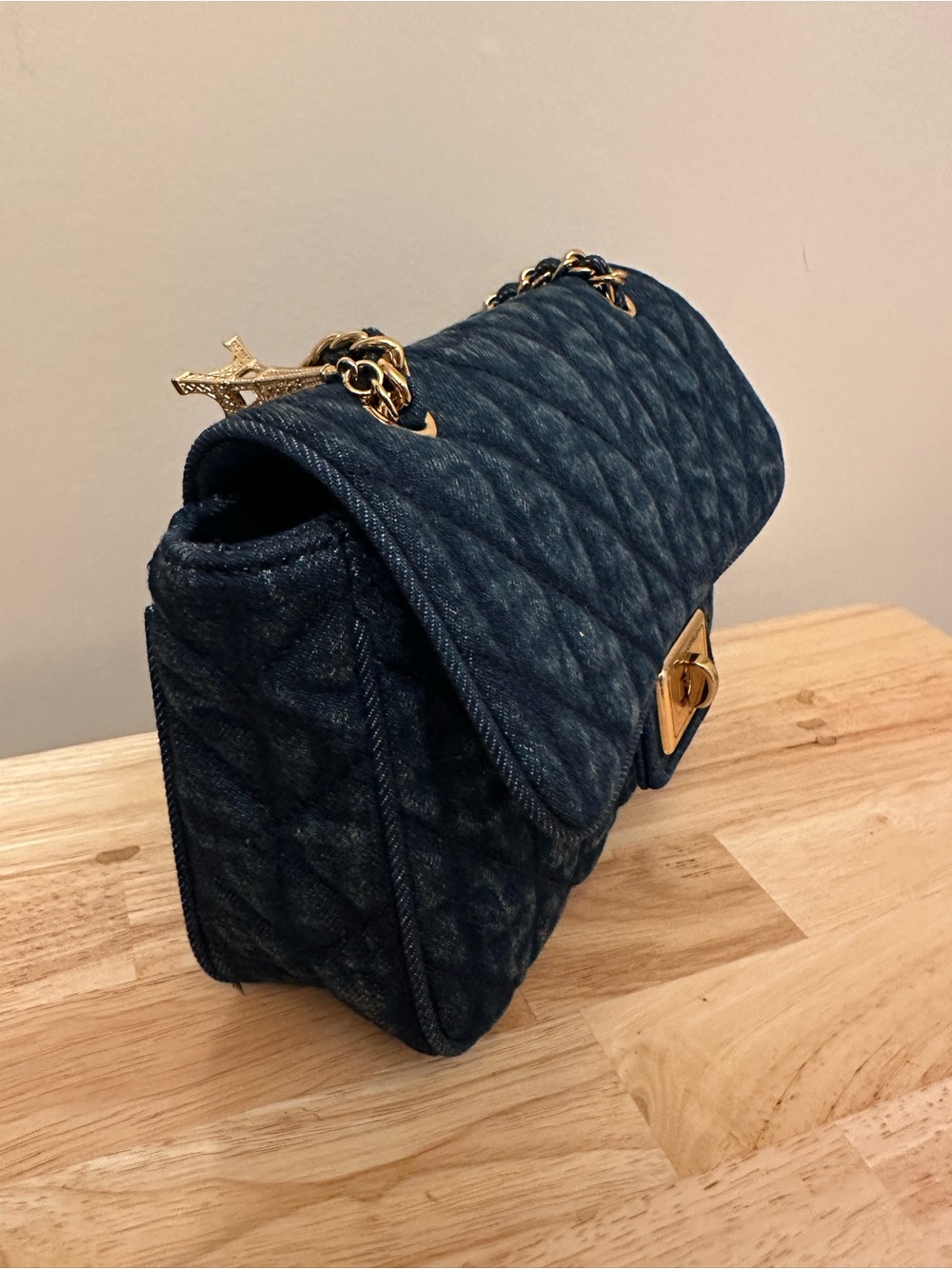 Karl Lagerfeld Quilted Blue Denim Chain Shoulder Bag with Eiffel Charm - Picture 9 of 16